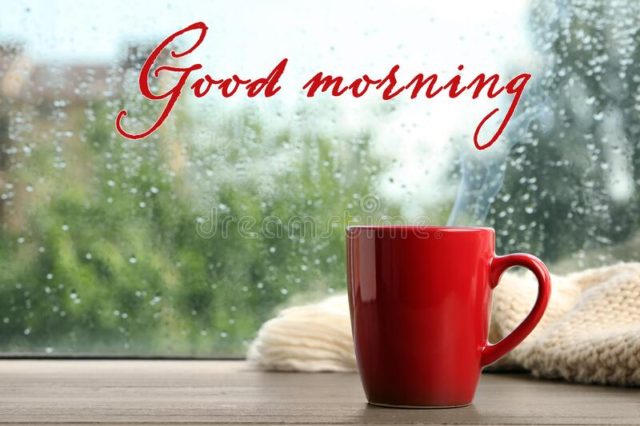 Cup Hot Drink Knitted Plaid Near Window Rainy Day Good Morning 228115902